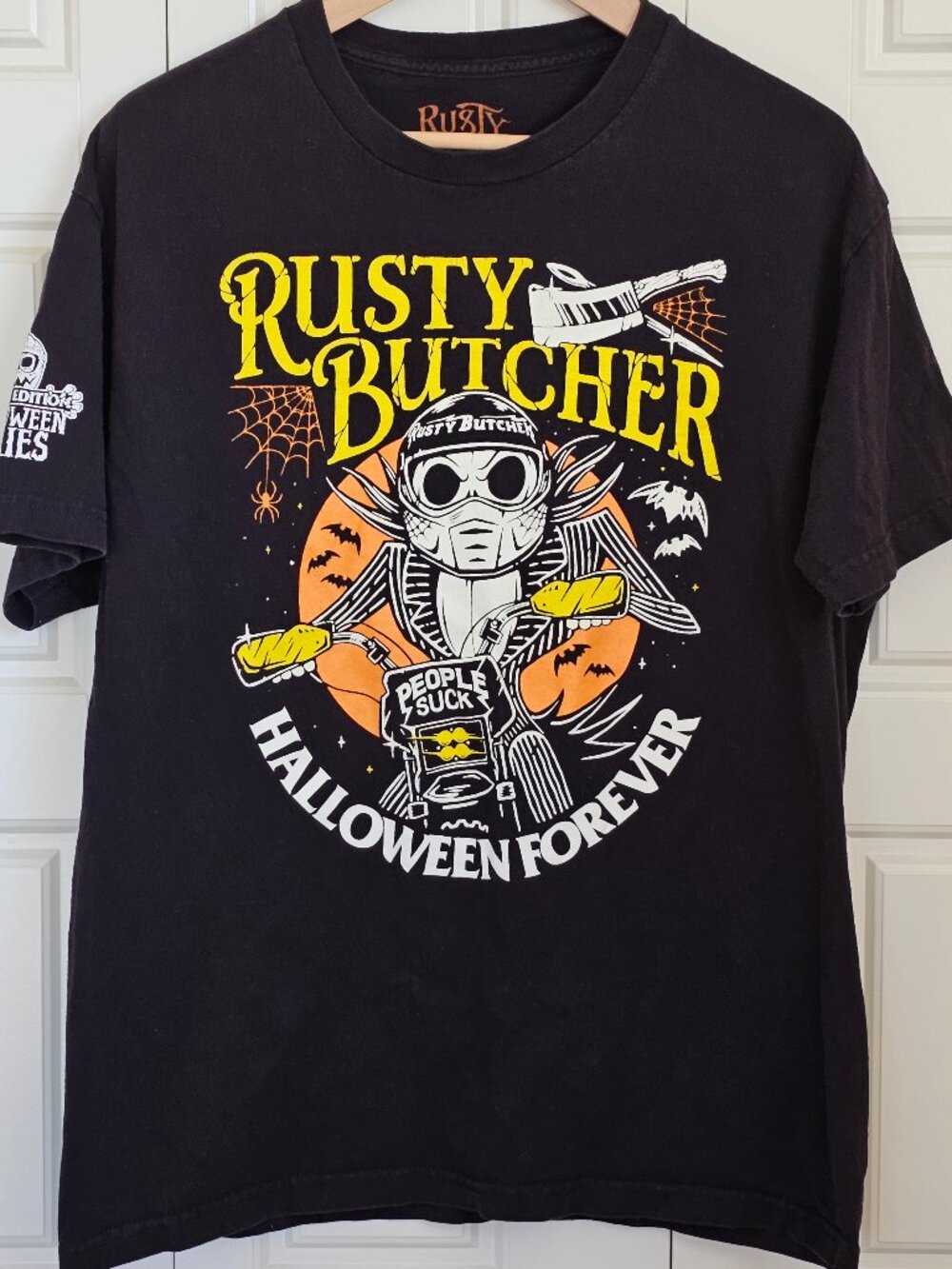 Rusty Butcher Halloween Forever People Suck Biker Skeleton T-Shirt L Made USA
